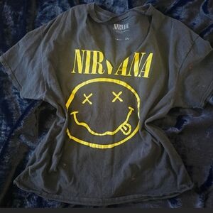 Distressed NIRVANA Charcoal Tee with Vibrant Yellow Graphic